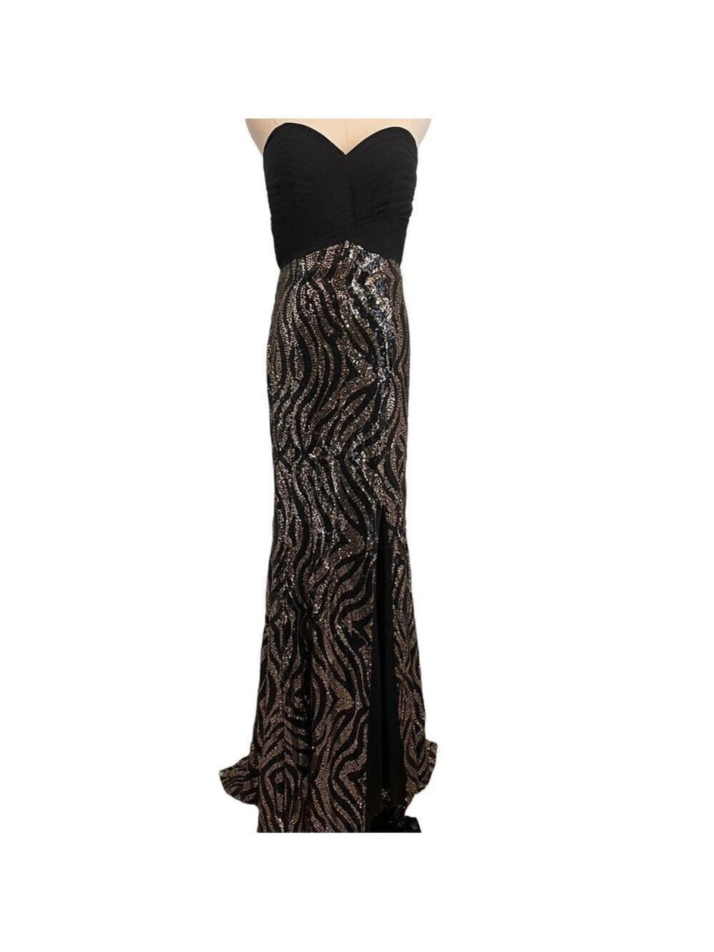 Vintage Night Moves Sequin Gown Women’s 10 Black Gold Strapless Low Back Dress
